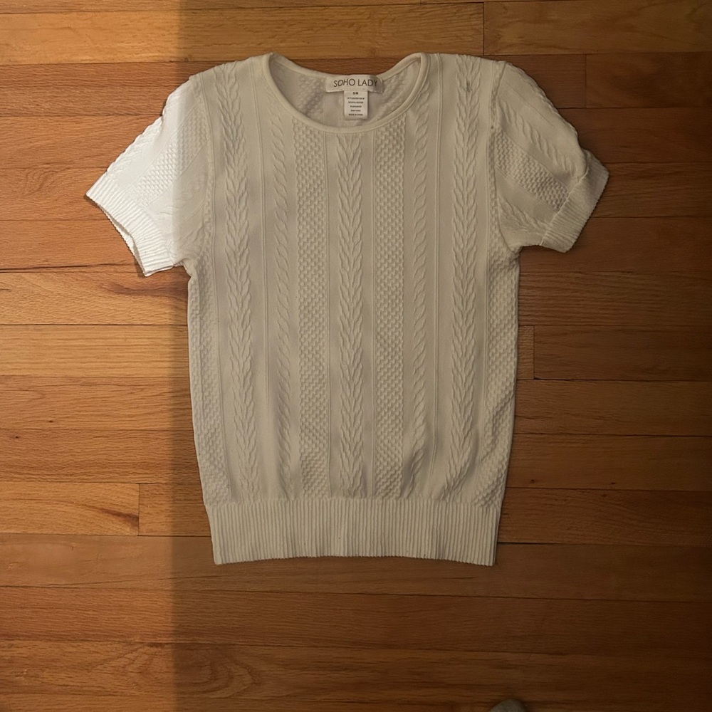White Cable Knit Short Sleeve Sweater